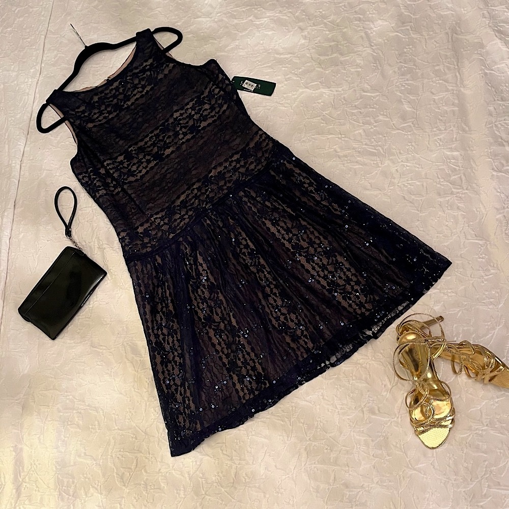 Ralph Lauren Navy Lace & Sequin Cocktail Dress, Woman Sz 16